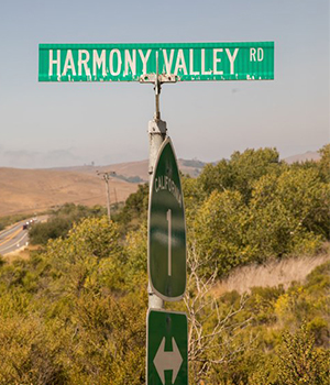 A road sign for harmony valley rd above a highway route marker for california state route 1, with a backdrop of hills and sparse vegetation.