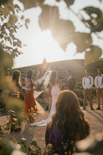 A sunlit outdoor wedding ceremony with a couple at the altar and guests in semi-formal attire.