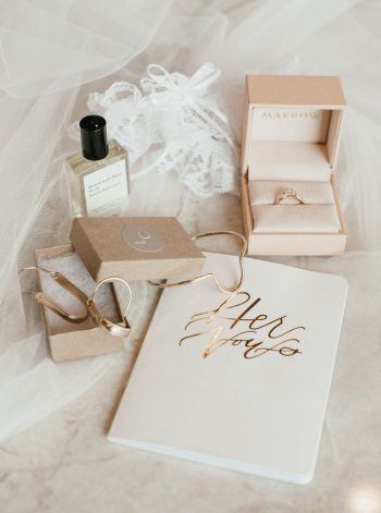 A collection of elegant bridal accessories, including shoes, a perfume bottle, a ring in its box, and a notebook with "i do" written on it, arranged on a delicate fabric surface.