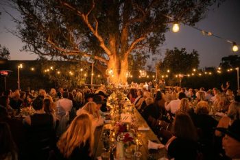 Outdoor evening event with guests seated at long tables under string lights and a large tree.