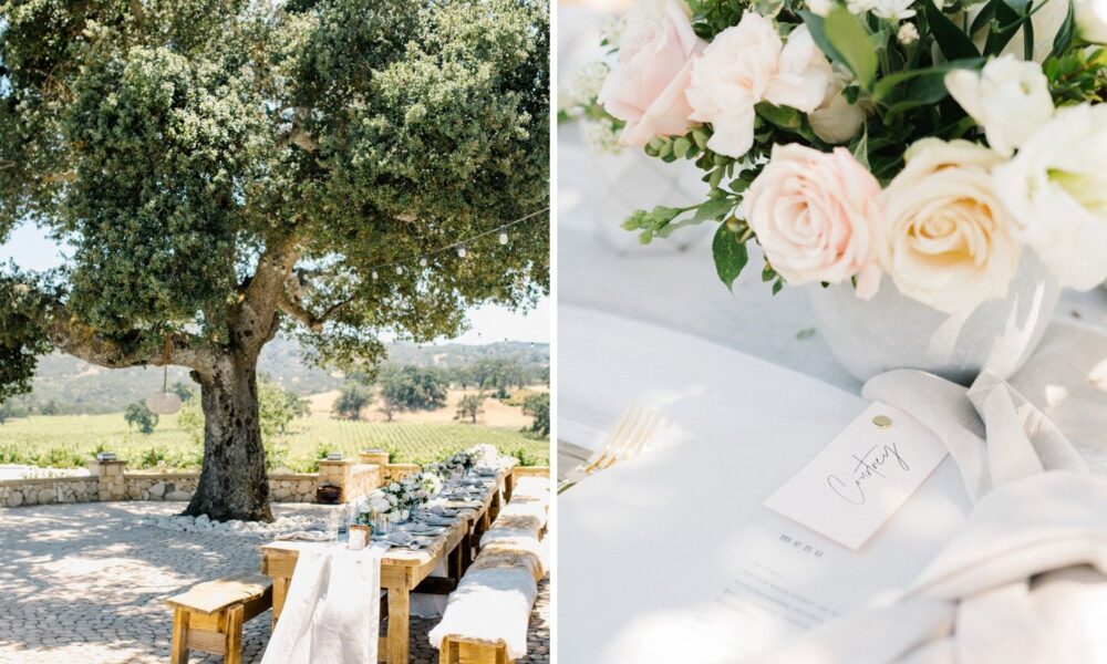 Outdoor wedding setup under a large tree paired with a close-up of a floral arrangement and place setting.