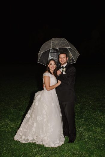 Bride and groom smiling under an umbrella at night.