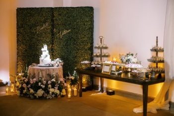 Elegant wedding dessert table with a multi-tiered cake, floral arrangements, and a backdrop with the couple's names.