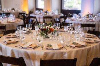 Elegantly set round banquet table with place settings and floral centerpiece.